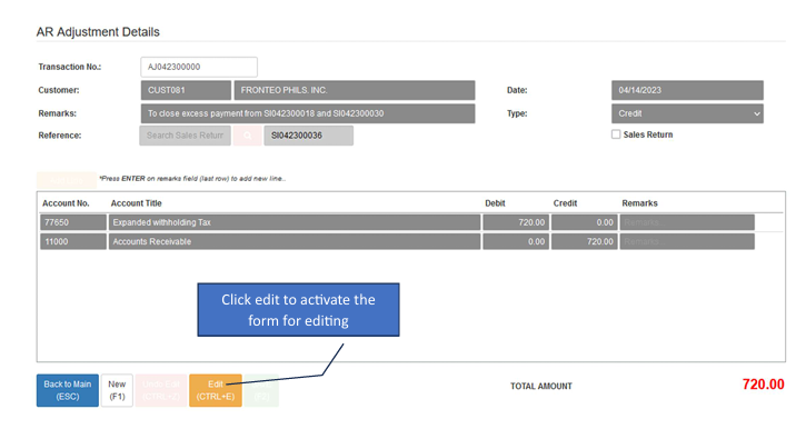 Navigating to AR Adjustment