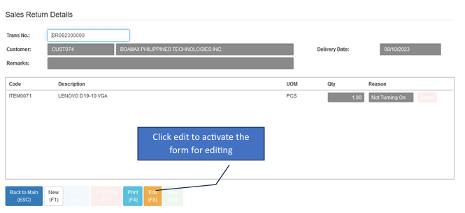 Navigating to Sales Return